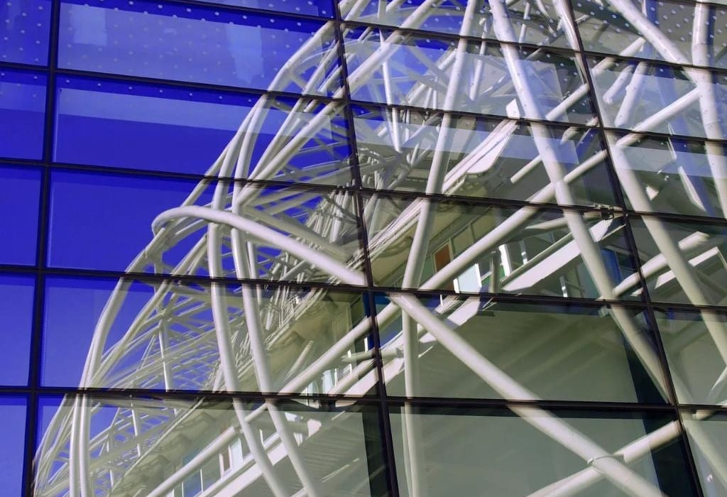 Modern building with blue glass panels